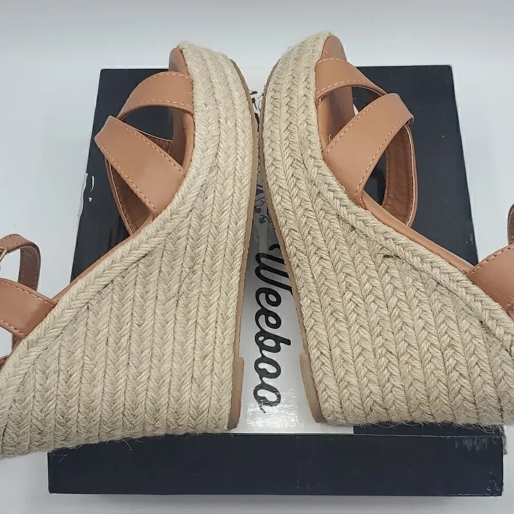 Weeboo Tan Mid High Heel Wedge Strappy Buckle Espadrille Sandals Size 7.5